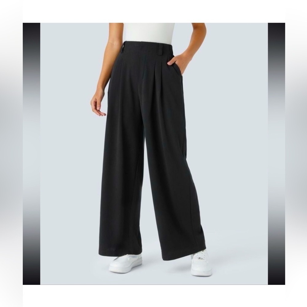 Halara NWOT Women's L Petite Black High Waisted Pockets Waffle Wide Leg Pants